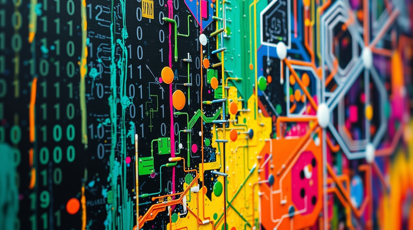 Abstract digital network art with circuits, binary code, and colorful data flows.