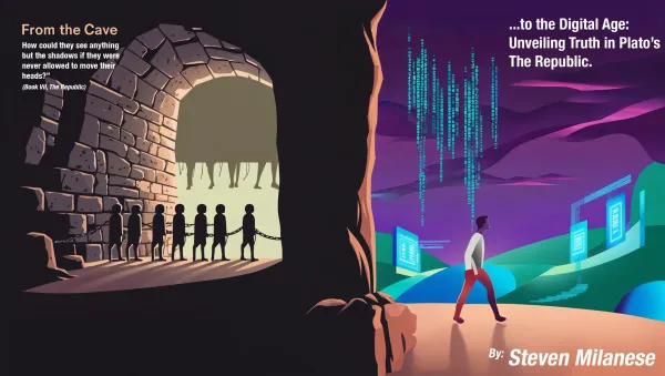 Inspired by Plato's 'The Republic,' illustrating the journey toward truth and enlightenment